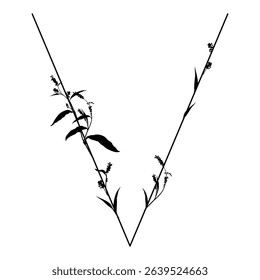 Capital letter V with floral motifs. Botanical alphabet with herbs and wildflowers. Blooming branches of Polygonum plant. Knotweed or Smartweed flower. Black silhouette on white background.