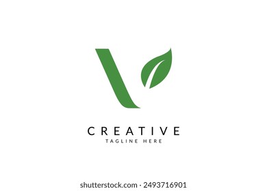 Capital letter V with leaf logo vector icon illustration.