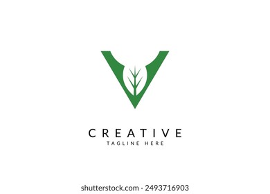 Capital letter V with leaf logo vector icon illustration.