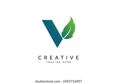 Capital letter V with leaf logo vector icon illustration.