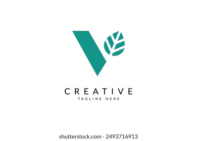 Letra mayúscula V con ilustración de icono de Vector con logotipo de hoja.