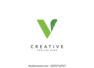 Letra mayúscula V con ilustración de icono de Vector con logotipo de hoja.