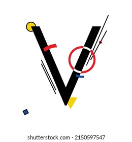 Letra mayúscula "V" compuesta por formas geométricas simples, en estilo suprematismo, inspirada en pinturas de Kazimir Malevich y Wassily Kandinsky