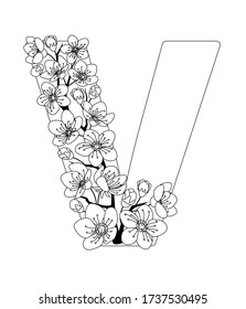 Letra mayúscula V con estampado en contorno de cerezo de flores de doodle dibujado a mano. Libro de color monocromo página anti estrés para adultos. Ilustración vectorial letras florales alfabeto inglés. EPS 10

