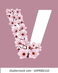 Großbuchstabe V gemustert mit handgezeichnet doodle Blumen von Kirschblüte. Farbige Vektorillustration-Illustrationsschrift mit Sakura-Zweigen. Buchstabe des Alphabets englische Sprache. EPS10
