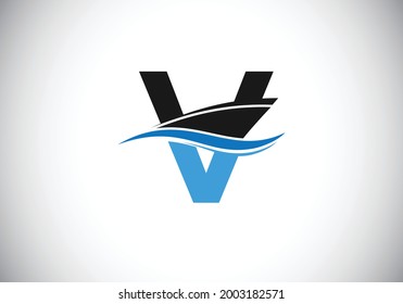 Capital letter V with the ship, cruise, or boat logo design template, Yacht icon sign symbol with ocean waves vector illustration