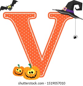 capital letter v with smiling pumpkins and halloween design elements isolated on white background. can be used for halloween season card, nursery decoration or halloween paty invitation