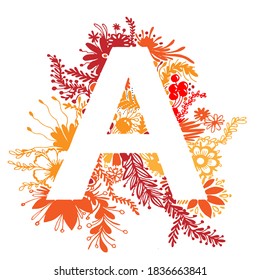 Capital letter. Vector image. Orange, pink, burgundy and yellow flower letters. Capital letter for decoration, calendars, texts