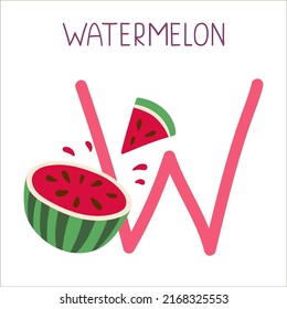 Capital letter W of English childish alphabet with watermelon. Cute kids font for kindergarten and school education. 