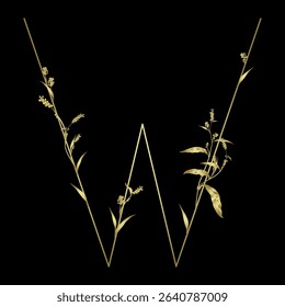 Capital letter W with floral  motifs. Botanical alphabet with herbs and wildflowers. Blooming branches of Polygonum plant. Knotweed or Smartweed flower. Golden glossy silhouette on black background.