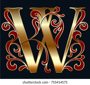 Capital letter W. Large letter. illuminated letter. Gold letter with floral ornament. Easy to use to create your design.