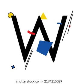 Letra mayúscula "W" compuesta por formas geométricas simples, en estilo suprematismo, inspiradas en pinturas de Kazimir Malevich y Wassily Kandinsky