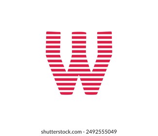 Capital letter W with red and white horizontal pattern isolated on a white background. Alphabet, art, design, graphic, education, element, illustration, kindergarten,  preschool, workbook and vector. 