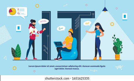 IT Capital Letter Word with Tiny People. IT Specialist, Network Administrator, Internet Technology Solution Developer, Technical Engineer, Programmer Team. Promotion Poster. Vector Illustration