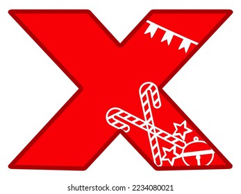 Capital letter X of the English alphabet. Christmas design, name monogram. Simple outline, letter silhouette for print, cut, sticker, signboard creation. New Year symbols. Vector illustration isolated