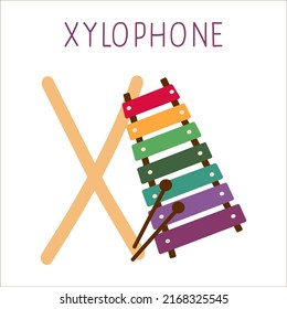 Capital letter X of English childish alphabet with xylophone. Cute kids font for kindergarten and school education. 