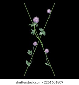 Capital letter X with floral motifs. Decorative font with blooming branches of red clover flower. On black background.