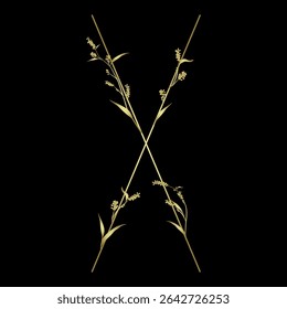 Letra maiúscula X com motivos florais. Alfabeto botânico com ervas e flores silvestres. Ramos florescentes da planta Polygonum. Knotweed ou Smartweed flor. Silhueta brilhante dourada sobre fundo preto.