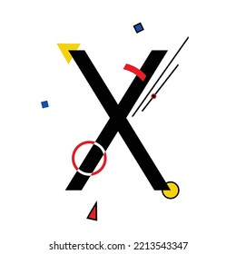 Letra mayúscula "X" compuesta por formas geométricas simples, en estilo Suprematismo, inspirada en pinturas de Kazimir Malevich y Wassily Kandinsky