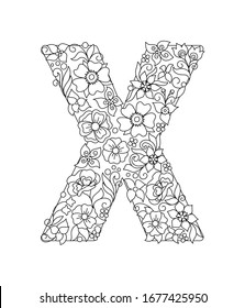 Capital letter X patterned with hand drawn doodle abstract flowers and leaves. Monochrome page anti stress adult coloring book. Vector illustration floral letters English language alphabet. EPS 10
