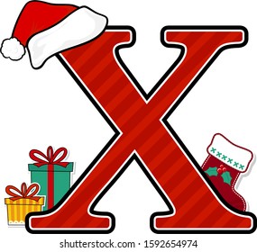capital letter x with red santa's hat and christmas design elements isolated on white background. can be used for holiday season card, nursery decoration or christmas paty invitation