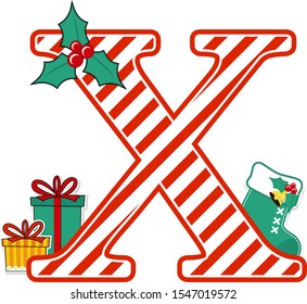 capital letter x with red and white candy cane pattern and christmas design elements isolated on white background. can be used for holiday season card, nursery decoration or christmas paty invitation