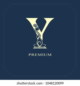 Capital letter Y. Calligraphic beautiful logo with tape for labels. Graceful style. Vintage drawn emblem for book design, brand name, business card, Restaurant, Boutique, Hotel. Vector illustration