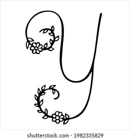 Capital letter Y decorated with flowers and leaves. Vector floral logo isolated on white.