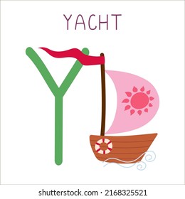 Capital letter Y of English childish alphabet with yacht. Cute kids font for kindergarten and school education. 