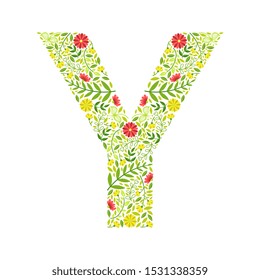 Capital Letter Y, Green Floral Alphabet Element, Font Uppercase Letter Made of Leaves and Flowers Pattern Vector Illustration