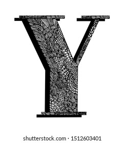 Capital letter Y. The original texture of lines, dots and floral ornaments is manually drawn. Vector black and white isolated illustration.