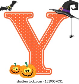 capital letter y with smiling pumpkins and halloween design elements isolated on white background. can be used for halloween season card, nursery decoration or halloween paty invitation