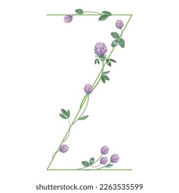 Capital letter Z with floral motifs. Decorative font with blooming branches of red clover flower. Isolated vector illustration.