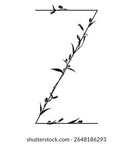 Capital letter Z with floral motifs. Botanical alphabet with herbs and wildflowers. Blooming branches of Polygonum plant. Knotweed or Smartweed flower. Black silhouette on white background.