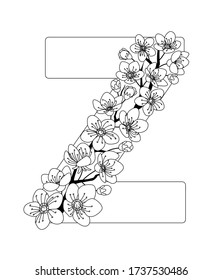 Letra mayúscula Z con estampado en contorno de cereza de doodle dibujada a mano. Libro de color monocromo página anti estrés para adultos. Ilustración vectorial letras florales alfabeto inglés. EPS 10
