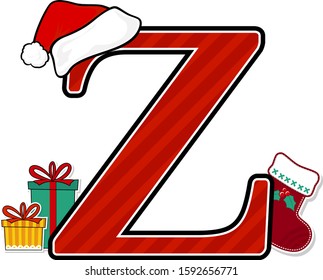 capital letter z with red santa's hat and christmas design elements isolated on white background. can be used for holiday season card, nursery decoration or christmas paty invitation