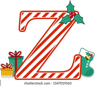 capital letter z with red and white candy cane pattern and christmas design elements isolated on white background. can be used for holiday season card, nursery decoration or christmas paty invitation