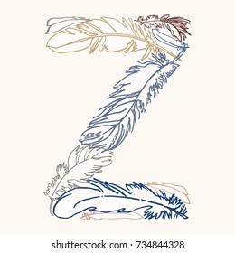 Capital letter Z.  Vector hand-drawn monogram made of feathers. Feather alphabet. Perfect for posters, invitation, greeting card, webs graphics, blog, banner, logo