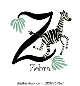 Capital letter Z for zebra with palm leaves, childish alphabet with animals names