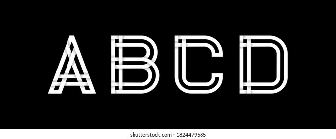Las letras mayúsculas A, B, C, D. Creado a partir de rayas blancas entrelazadas con sombras sobre un fondo negro. Plantilla para crear logotipo, emblemas, monogramas, iniciales personales, identidad corporativa. Vector ill