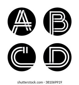 Capital letters A, B, C, D. From double white stripe in a black circle. Overlapping with shadows. Logo, monogram, emblem trendy design. 