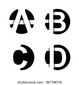 Großbuchstaben A, B, C, D. Aus weißem Streifen in einem schwarzen Kreis.   Überschneidungen mit Schatten. Logo, Monogramm, Emblem trendig Design.