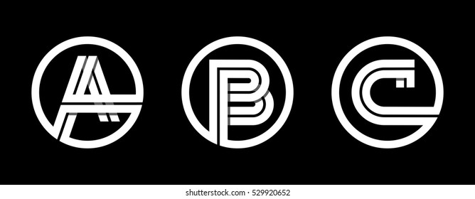 Capital letters A, B, C. From double white stripe in a black circle. Overlapping with shadows. Logo, monogram, emblem trendy design