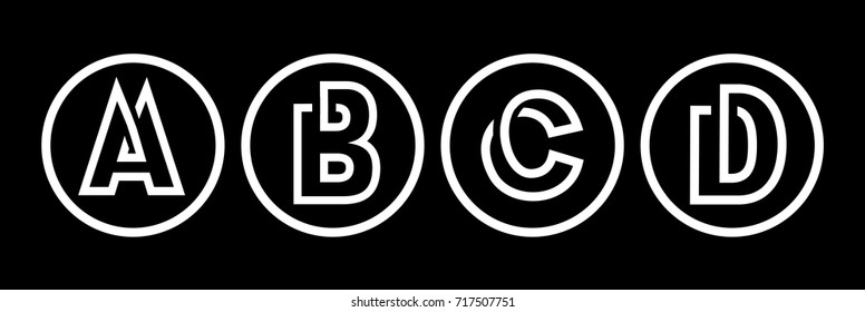 Capital letters A, B, C, D. From white stripe in a black circle. Overlapping with shadows. Logo, monogram, emblem trendy design.