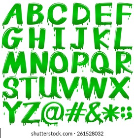 Capital letters of the alphabet in a melting green template on a white background