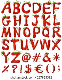 Capital letters of the alphabet with strawberry design on a white background