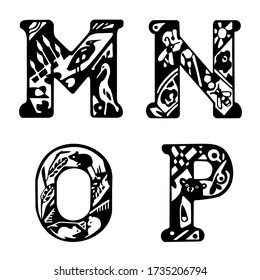 Capital letters with animals. Letters: M, N, O, P. Crane, heron, bear, bees, mice, patterns. Black and white vector illustration. Isolated on a white background.