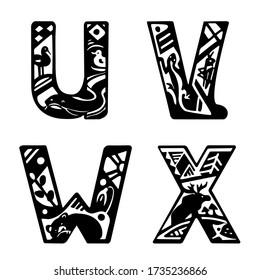 Capital letters with animals. The letters U, V, W, X. Catfish, duck, heron, lizard, grasshopper, bear, elk, hedgehog, patterns. Black and white vector illustration. Isolated on a white background.