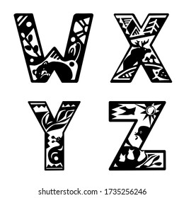 Capital letters with animals. Letters W, X, Y, Z. Bear, elk, snail, bird, nest, chicks, patterns. Black and white vector illustration. Isolated on a white background.
