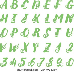 Letras maiúsculas com círculos, números, amarelo-verde